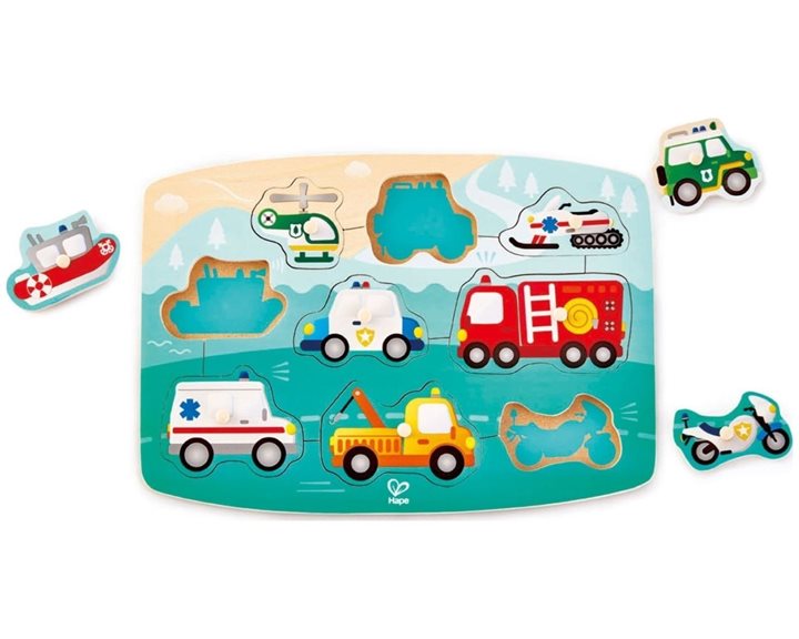 Hape Happy Puzzles Ξύλινο Παζλ Οχήματα Emergency Peg E1406A