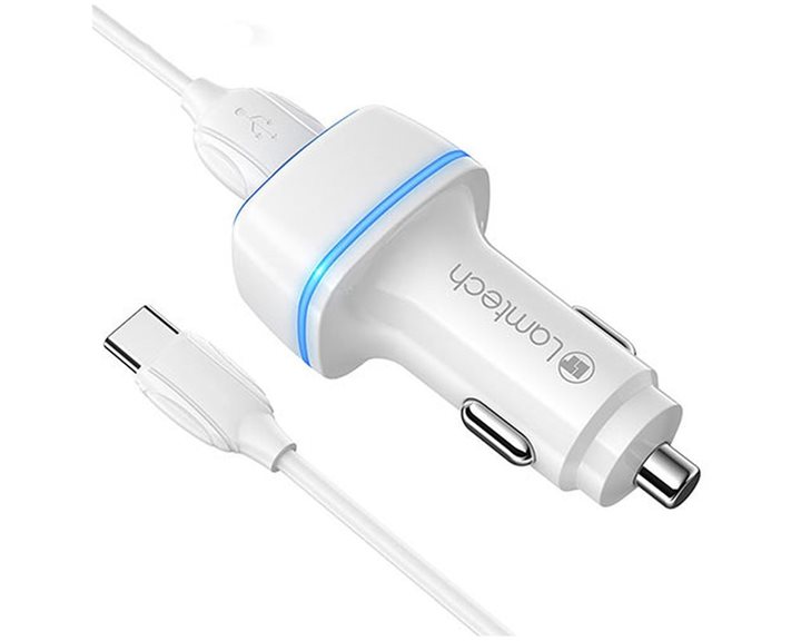 Lamtech 2xUSB 2,4A Car Charger With Type-C Cable 1M White