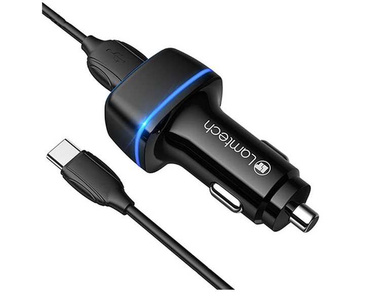 Lamtech 2xUSB 2,4A Car Charger With Type-C Cable 1M Black