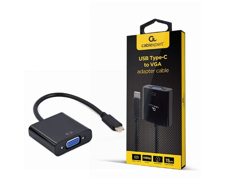 CABLEXPERT USB TYPE-C TO VGA ADAPTER CABLE 15CM BLACK RETAIL PACK