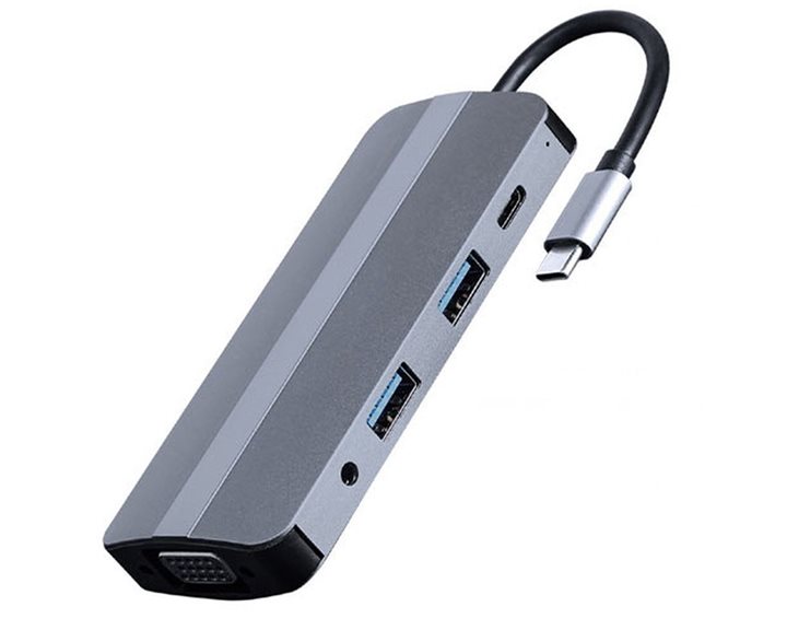 CABLEXPERT USB TYPE-C 8IN1 MULTI-PORT ADAPTER (HUB+HDMI+VGA+PD+CARD READER+STEREO AUDIO) SILVER