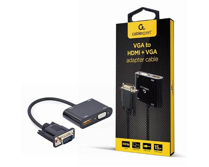 CABLEXPERT VGA TO HDMI+VGA ADAPTER CABLE 0,15M BLACK RETAIL PACK