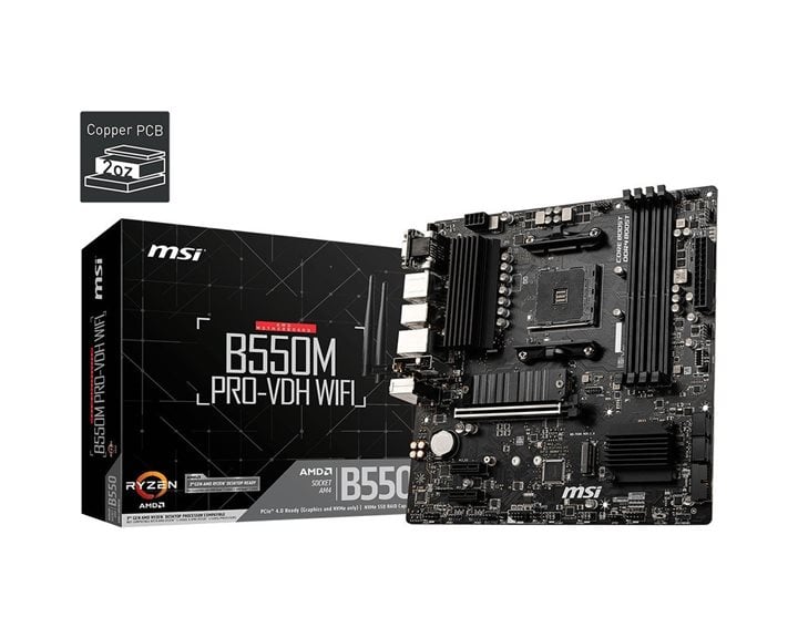 MSI MB B550M PRO-VDH WIFI, SOCKET AMD AM4, CS AMD B550, 4 DIMM SOCKETS DDR4, VGA/DISPLAY PORT/HDMI, GIGABIT LAN, WiFi, MICRO-ATX, 3YW.