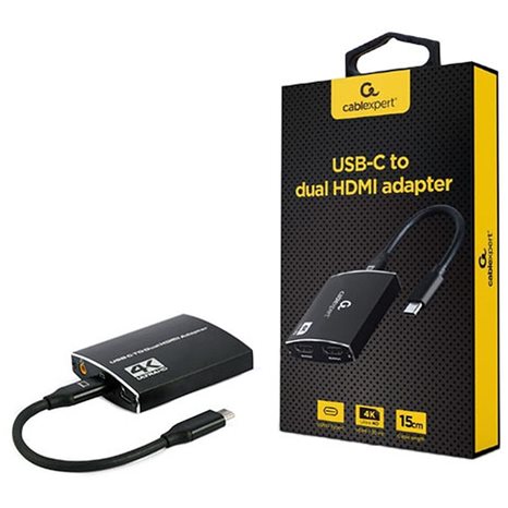 CABLEXPERT USB-C TO DUAL HDMI ADAPTER 4K 60HZ BLACK RETAIL PACK