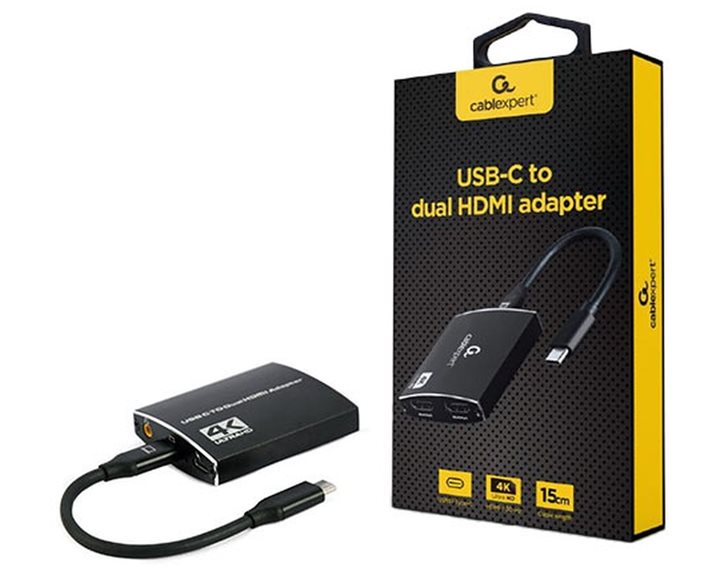 CABLEXPERT USB-C TO DUAL HDMI ADAPTER 4K 60HZ BLACK RETAIL PACK