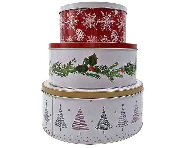 Κουτιά Μεταλλικά Xmas Σχέδια Σετ=3τεμ S1=Στρογγυλά Φ25x10cm/Φ22x9cm/Φ17x8cm. S2=Ορθογώνια 26x18x9cm/