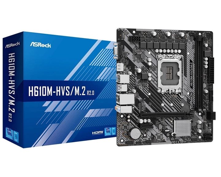 ASROCK MB H610M-HVS/M.2 R2.0, SOCKET INTEL LGA1700 14th/13th/12th GEN, CS INTEL H610, 2 DIMM SOCKETS DDR4, D-SUB/HDMI, PCI-E GEN 3.0, GIGABIT LAN, MICRO-ATX, 3YW