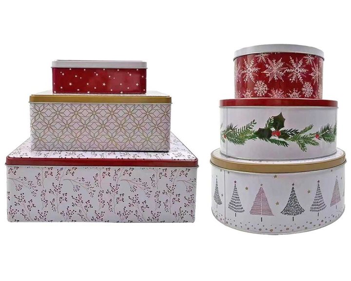 Κουτιά Μεταλλικά Xmas Σχέδια Σετ=3τεμ S1=Στρογγυλά Φ25x10cm/Φ22x9cm/Φ17x8cm. S2=Ορθογώνια 26x18x9cm/