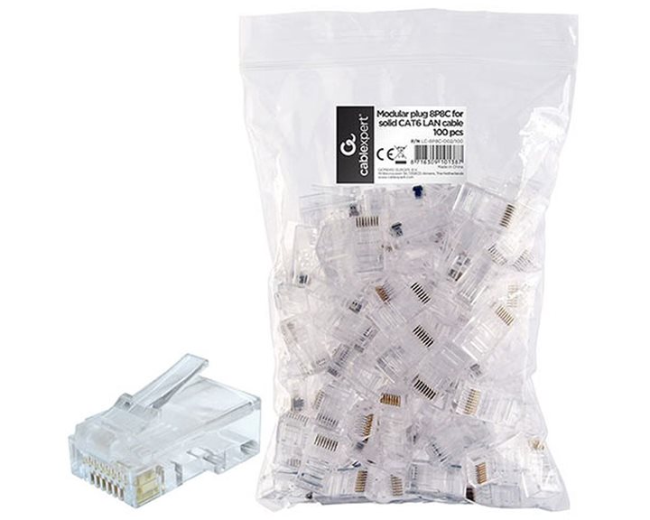 CABLEXPERT MODULAR PLUG 8P8C FOR SOLID CAT6 LAN CABLE 100PCS/BAG