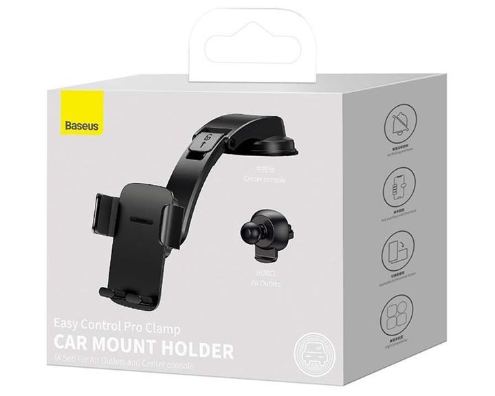 Baseus Car Mount Easy Control PRO Clamp Holder (air vent and dashboard) 4.7 - 6.7 inch Black (SUYK010001) (BASSUYK010001)