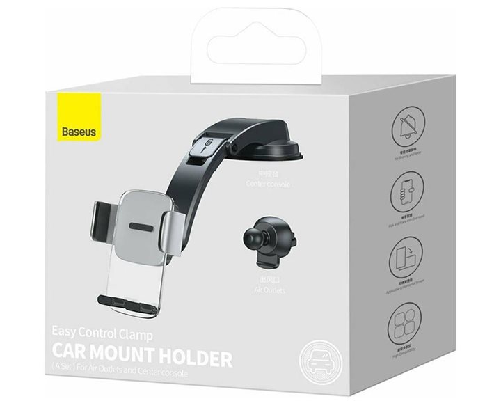 Baseus Car Mount Easy Control Clamp Holder set 2in1 gravity (air vent and dashboard) 4.7 - 6.7 inch Silver (SUYK000012) (BASSUYK000012)