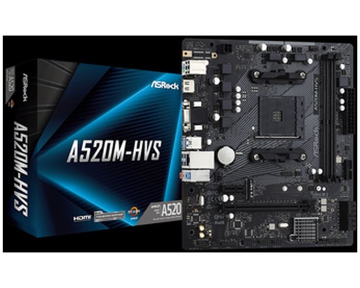 ASROCK MB A520M-HVS, SOCKET AMD AM4, CS AMD A520, 2 DIMM SOCKETS DDR4, DSUB/HDMI, PCI-E GEN 3.0, GIGABIT LAN, MICRO-ATX, 2YW.