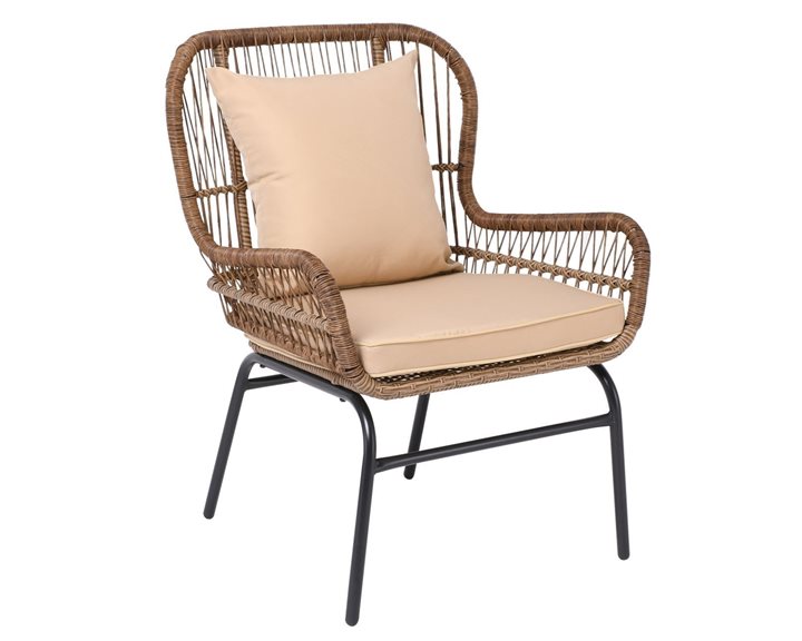 SALSA MAX Πολυθρόνα Μέταλλο Βαφή Μαύρο, Wicker Φυσικό, Μαξιλάρι Μπεζ Ε243,Κ