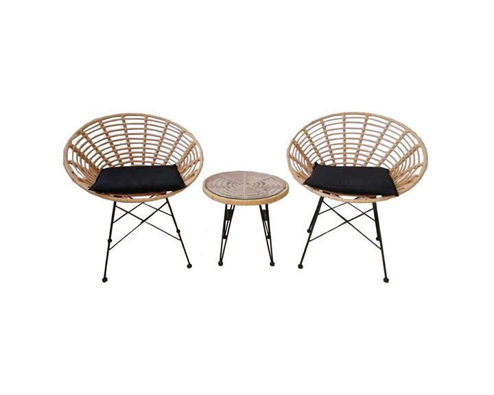 Salsa Coral Coffee Set Κήπου Μέταλλο Μαύρο - Γυαλί - Wicker Φυσικό: Τραπεζάκι+2 Πολυθρόνες Ε283,S