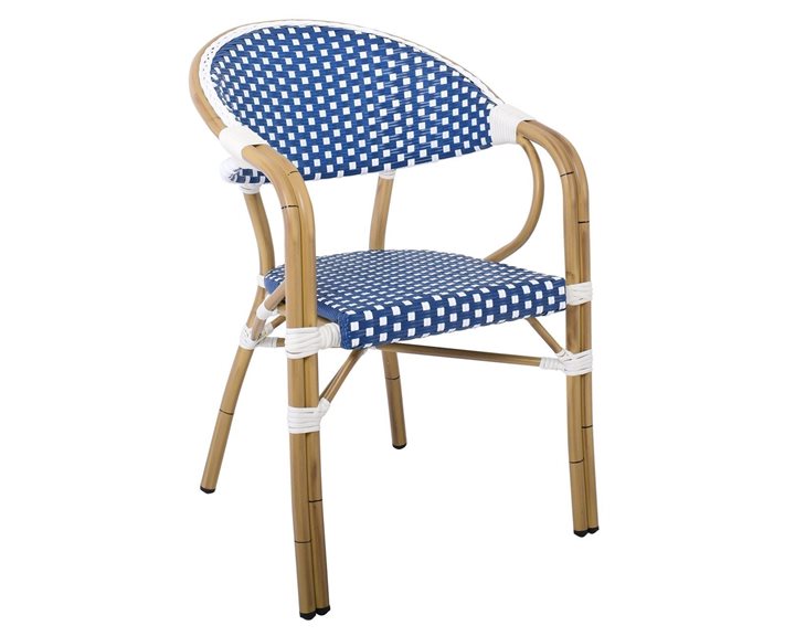 PARIS Πολυθρόνα Bistro Αλουμίνιο Φυσικό, Wicker Άσπρο - Μπλε, Στοιβαζόμενη Ε258,3