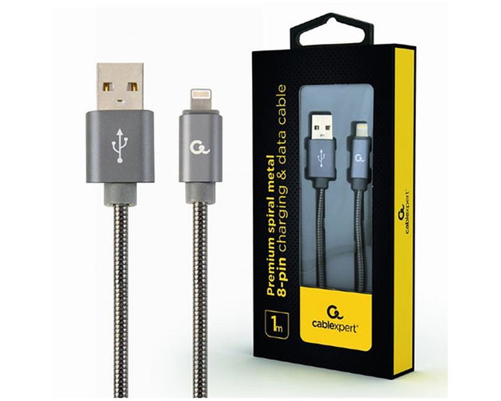 CABLEXPERT PREMIUM SPIRAL METAL 8-PIN CHARGING AND DATA CABLE 1M METALLIC GREY RETAIL PACK