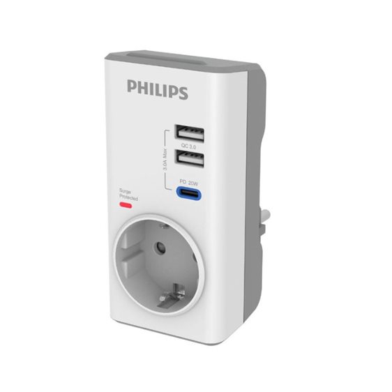 Philips CHP8010W/GRS Μονόπριζο ασφαλείας με 2USB+Type-C, 3680W, 380J CHP8010W/GRS