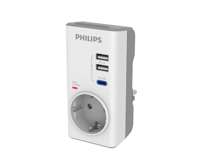 Philips CHP8010W/GRS Μονόπριζο ασφαλείας με 2USB+Type-C, 3680W, 380J CHP8010W/GRS