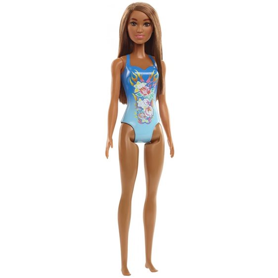 Mattel Barbie Beach Water Play Κούκλα Με Γαλάζιο Μαγιό και Φλόγες με Λουλούδια Σχέδια