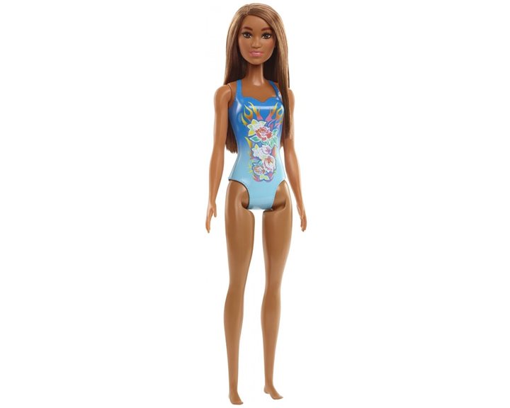 Mattel Barbie Beach Water Play Κούκλα Με Γαλάζιο Μαγιό και Φλόγες με Λουλούδια Σχέδια
