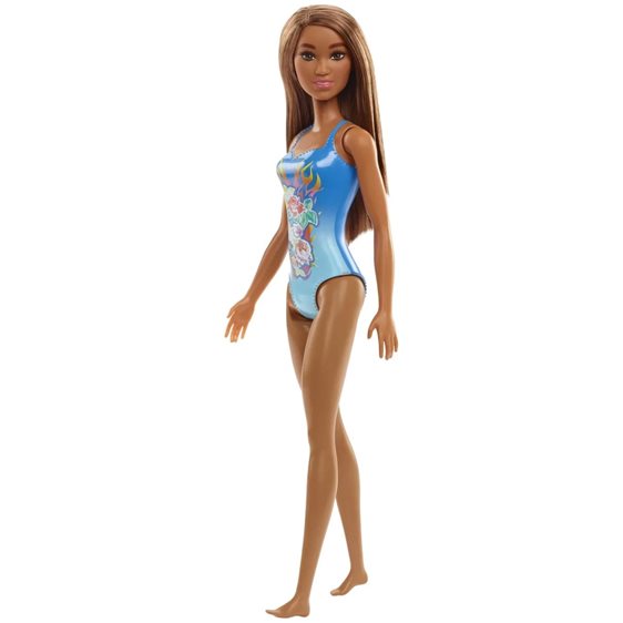 Mattel Barbie Beach Water Play Κούκλα Με Γαλάζιο Μαγιό και Φλόγες με Λουλούδια Σχέδια