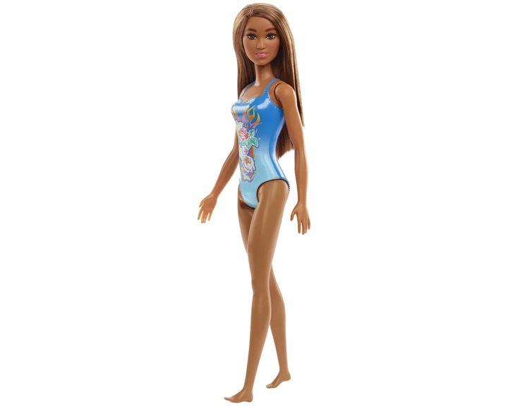 Mattel Barbie Beach Water Play Κούκλα Με Γαλάζιο Μαγιό και Φλόγες με Λουλούδια Σχέδια
