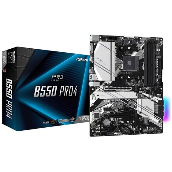 Asrock MB B550 Pro4, Socket AMD AM4, CS AMD B550, 4 DIMM Sockets DDR4, D-Sub/HDMI, LAN Gigabit, ATX, 2YW. B550 Pro4