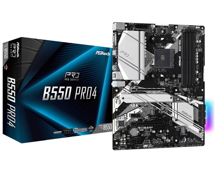 ASROCK MB B550 PRO4, SOCKET AMD AM4, CS AMD B550, 4 DIMM SOCKETS DDR4, D-SUB/HDMI, PCI-E GEN 4.0, GIGABIT LAN, ATX, 2YW.