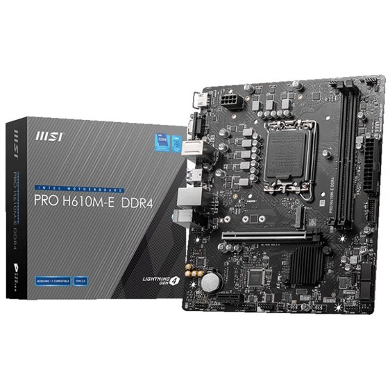 MSI MB PRO H610M-E DDR4, SOCKET INTEL LGA1700 14th/13th/12th GEN, CS INTEL H610, 2 DIMM SOCKETS DDR4, D-SUB/HDMI, PCI-E GEN 3.0, GIGABIT LAN, MICRO-ATX, 3YW.