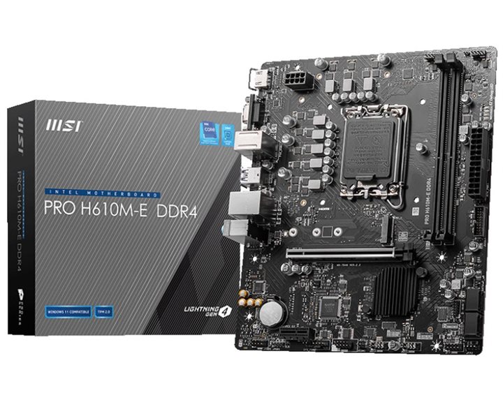 MSI MB PRO H610M-E DDR4, SOCKET INTEL LGA1700 14th/13th/12th GEN, CS INTEL H610, 2 DIMM SOCKETS DDR4, D-SUB/HDMI, PCI-E GEN 3.0, GIGABIT LAN, MICRO-ATX, 3YW.
