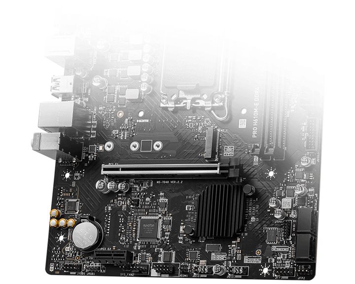 MSI MB PRO H610M-E DDR4, SOCKET INTEL LGA1700 14th/13th/12th GEN, CS INTEL H610, 2 DIMM SOCKETS DDR4, D-SUB/HDMI, PCI-E GEN 3.0, GIGABIT LAN, MICRO-ATX, 3YW.