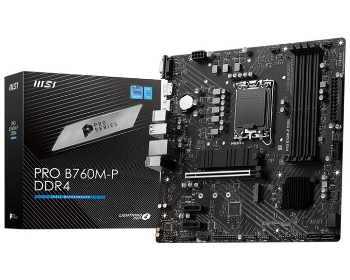 MSI MB PRO B760M-P DDR4, SOCKET INTEL LGA1700 14th/13th/12th GEN, CS INTEL B760, 4 DIMM SOCKETS DDR4, VGA/DP/HDMI, PCI-E GEN 4.0, GIGABIT LAN, MICRO-ATX, 3YW.