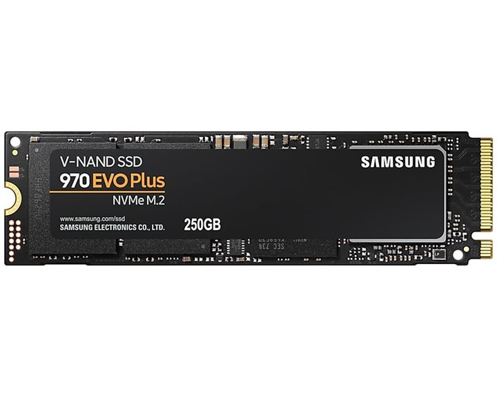 SAMSUNG SSD M.2 NVMe PCI-E 250GB MZ-V7S250BW SERIES 970 EVO PLUS, M.2 2280, NVMe PCI-E GEN3x4, READ 3500MB/s, WRITE 2300MB/s, 5YW. MZ-V7S250BW