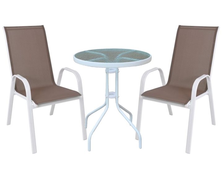 RIO Set Κήπου - Βεράντας: Τραπέζι + 2 Πολυθρόνες Μέταλλο Άσπρο, Textilene Cappuccino Ε270,2S