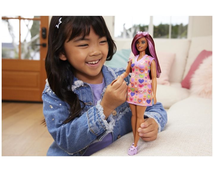 Mattel Barbie Fashionistas - Κούκλα Barbie Με Μωβ  Μαλλιά Και Πορτοκαλί Φόρεμα με Καρδούλες