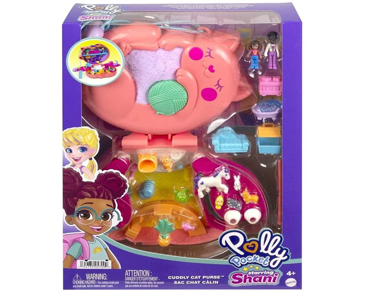 Mattel Polly Pocket Mini - Τρέντι Τσαντάκι Starring Shani Cuddly Cat Purse, Pet Vet Theme With 2 Micro Dolls And 18 Access GKJ63