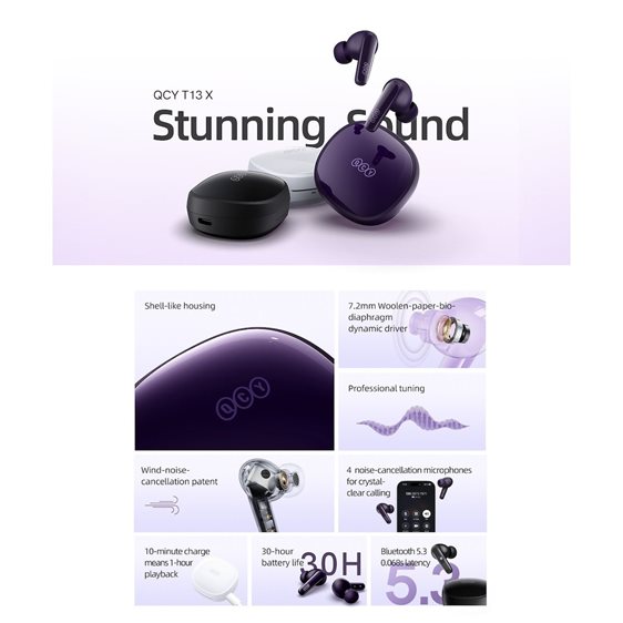 QCY T13X TWS Black - 30 hour battery True Wireless in-ear earbuds - Quick Charge 380mAh Gaming 0,068