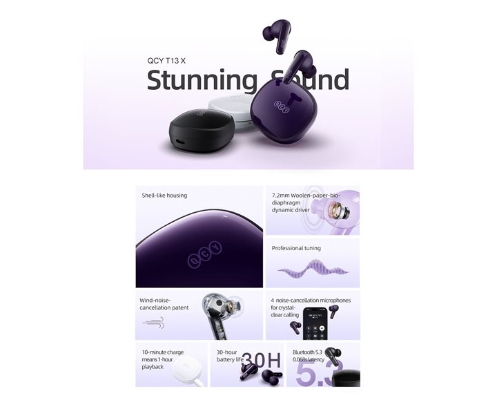 QCY T13X TWS Black - 30 hour battery True Wireless in-ear earbuds - Quick Charge 380mAh Gaming 0,068