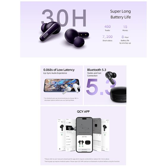 QCY T13X TWS White - 30 hour battery True Wireless  in-ear earbuds Quick Charge 380mAh Gaming 0,068s