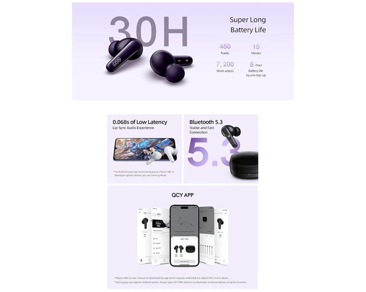 QCY T13X TWS White - 30 hour battery True Wireless  in-ear earbuds Quick Charge 380mAh Gaming 0,068s