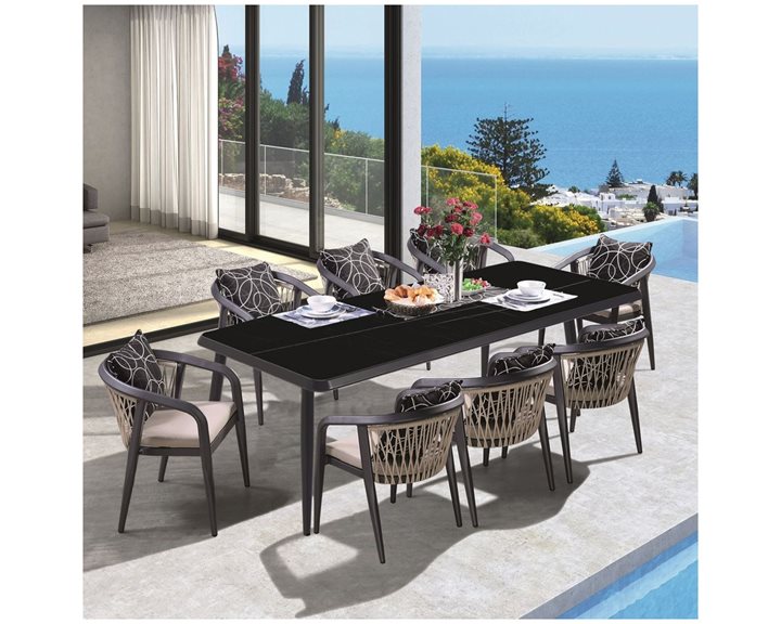 Jardin Τραπεζαρία Alu Ανθρακί, Hpl Μαύρο, Rope Μπεζ: Τραπέζι + 8 Πολυθρόνες Με Μαξιλάρια Ε6742,S2