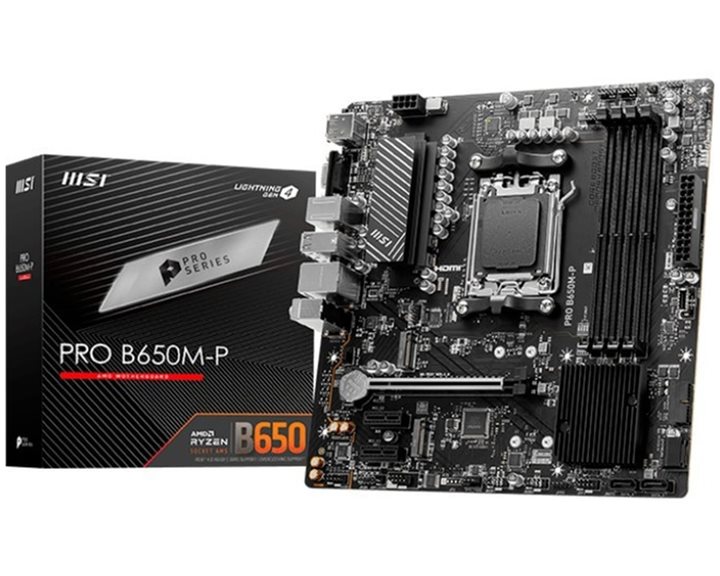 MSI MB PRO B650M-P, SOCKET AMD AM5, CS AMD B650, 4 DIMM SOCKETS DDR5, HDMI/DP/VGA, PCI-E GEN 4.0, 2.5G LAN, MICRO-ATX, 3YW.