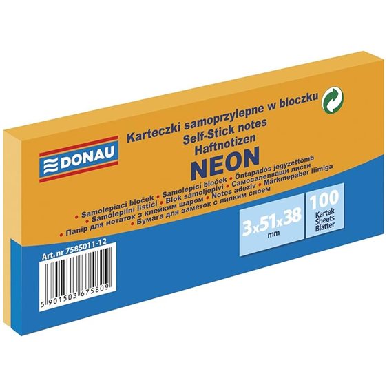 Αυτοκόλλητες Σημειώσεις Donau Neon 51x38mm 3τεμ.100φ.Πορτοκαλί 7585011-12