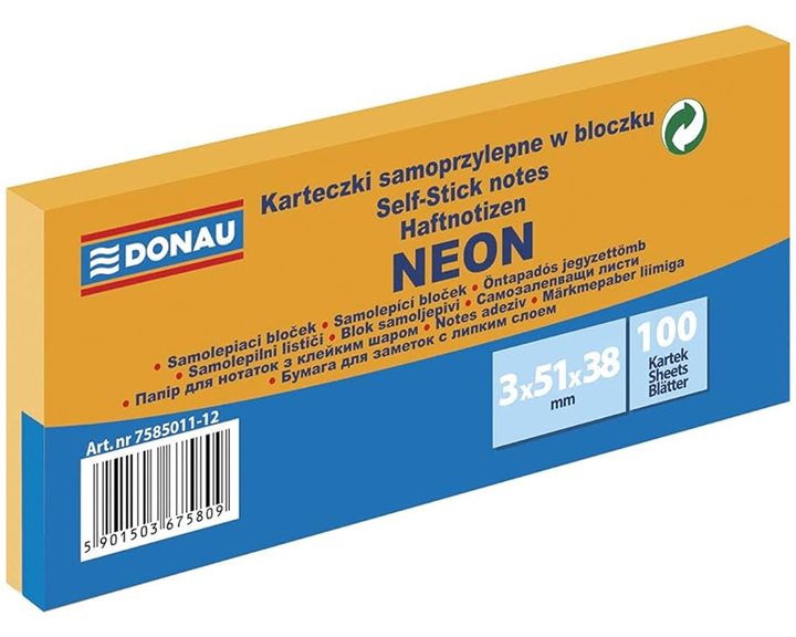 Αυτοκόλλητες Σημειώσεις Donau Neon 51x38mm 3τεμ.100φ.Πορτοκαλί 7585011-12