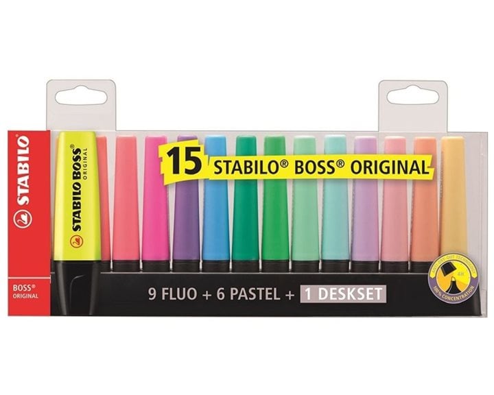 Μαρκαδόροι Υπογράμμισης Stabilo Boss Set 15τμχ (9 Fluo + 6 Pastel + 1Deskset)