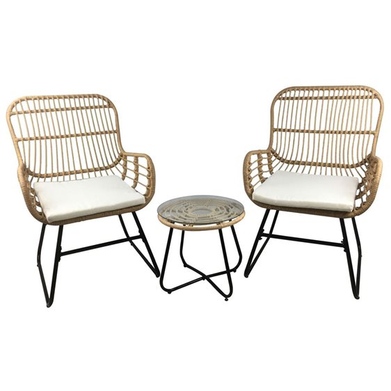 SALSA Yard Set: Τραπέζι + 2 Πολυθρόνες, Μέταλλο Μαύρο, Wicker Φυσικό, Μαξιλάρια Εκρού Ε292,S