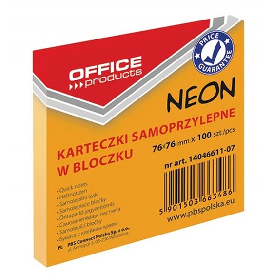 Αυτοκόλλητες Σημειωσεις Office Products Neon 76x76mm 100τμχ Πορτοκαλί 14046611-07