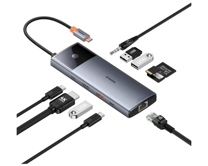 Baseus Hub 10in1  Metal Gleam II Series USB-C to 1xHDMI USB-A 10Gbps USB-C 2xUSB-A Ethernet RJ45 SD/TF card mini-jack 35mm USB-CPD (B00061800813-00) (BASB00061800813-00)