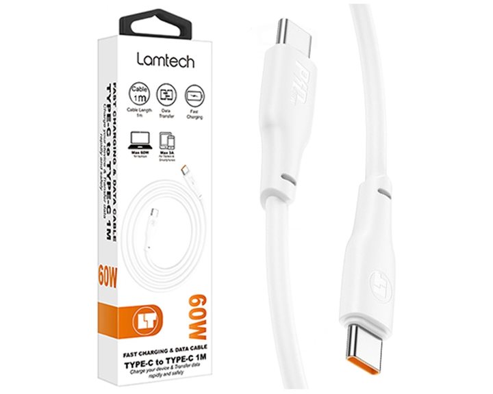 LAMTECH CHARGE AND DATA CABLE TYPE-C TO TYPE-C 60W 1M WHITE