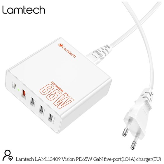 LAMTECH GAN FAST CHARGER 1xTYPE-C & 4xQC3.0 65W & EU CABLE 1.5M